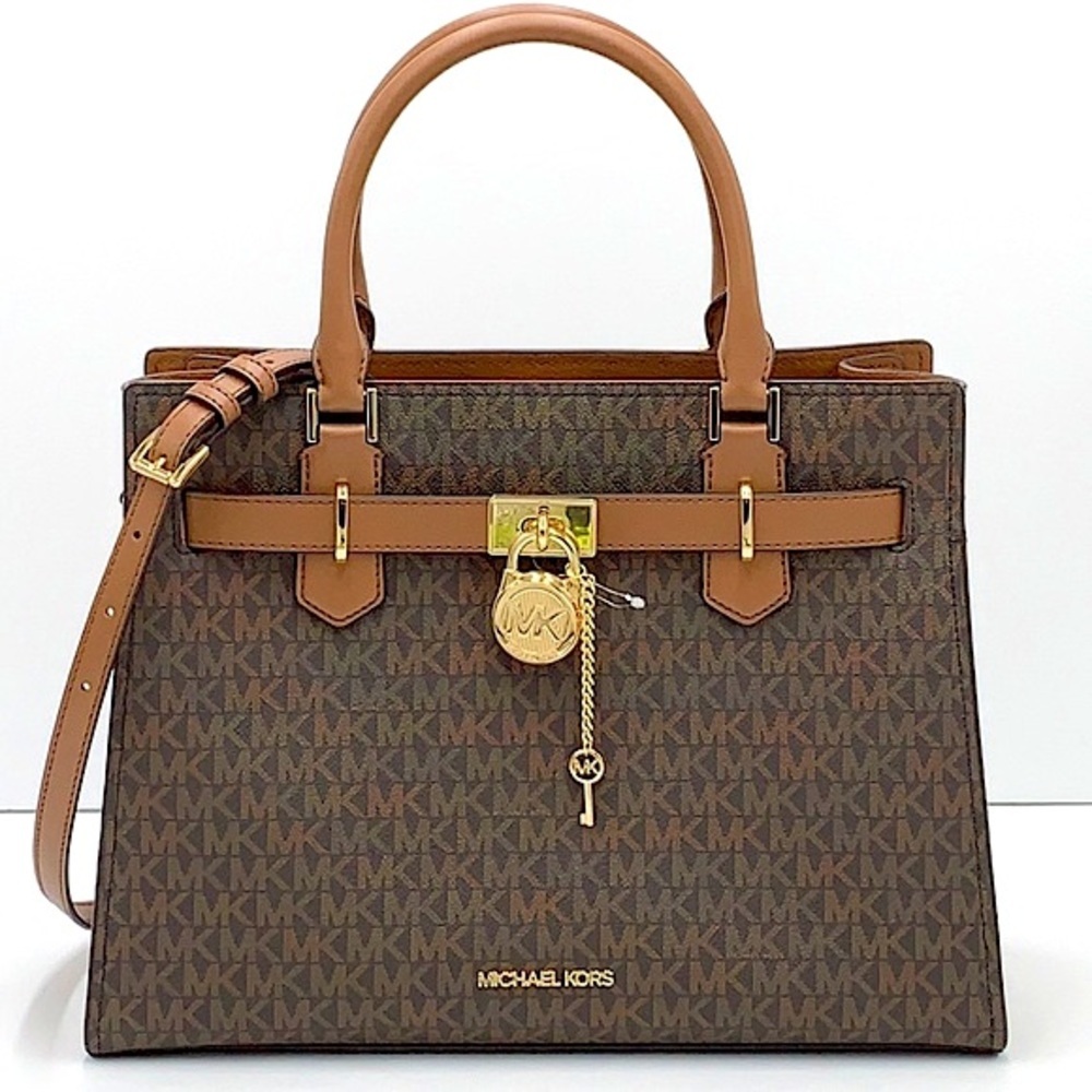 Michael Kors Hamilton Med Satchel Shoulder Crossbody Bag luggage/Brown signature
